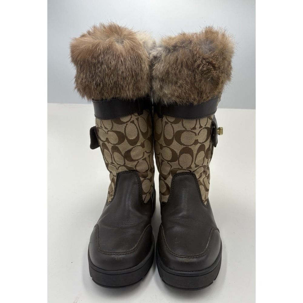 Coach Women's Kimberly Signature C Leather Fabric Fur Trim Winter Boots Brown 7M - Picture 2 of 9